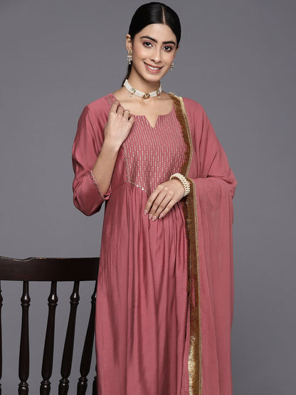Indyancart VA Women's Floral Embroidered Empire Sequinned Kurta With Trousers & Dupatta
