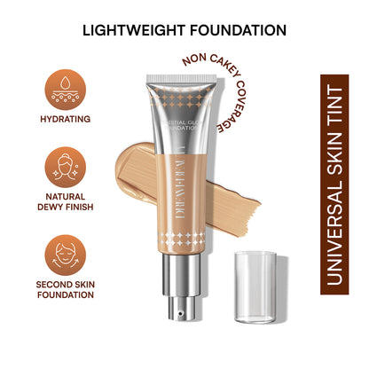 Dream Beauty Celestial Glow Foundation in Neutral Medium shade, showing the sleek compact with the product inside.