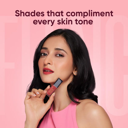 FLENC Cryla Velvet Liquid Matte Lipstick in Sydne shade, featuring a smooth applicator and rich, velvety lipstick texture.