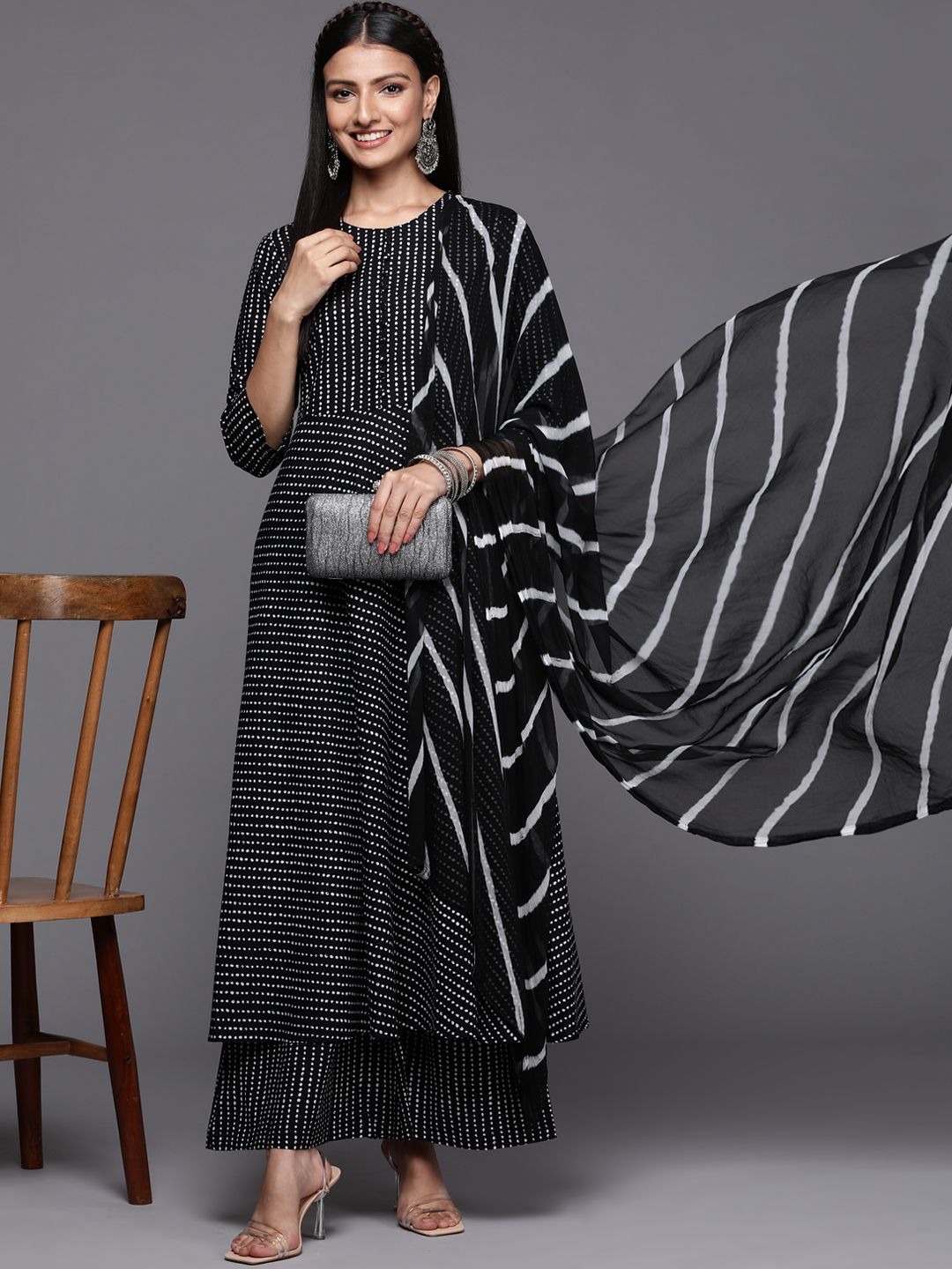 Indyancart VA Women's Black Printed Pure Cotton Kurta with Palazzos & Dupatta