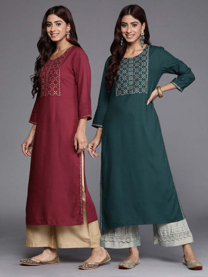 Indyancart IE Pack of 2 Yoke Embroidered Thread Work Kurta