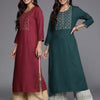 Indyancart IE Pack of 2 Yoke Embroidered Thread Work Kurta