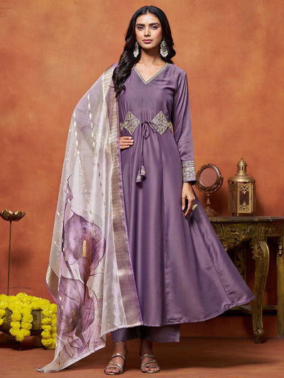 Indyancart SN Women's Purple Floral Embroidered Cotton Silk Anarkali Kurta With Trousers And Dupatta