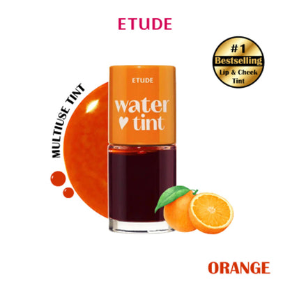 ETUDE Dear Darling Water Gel Lip and Cheek Tint in shade 03 Orange, showing the vibrant orange lipstick and cheek tint.