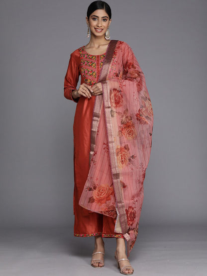 Indyancart IE Floral Embroidered Thread Work Liva Kurta With Palazzos & Dupatta