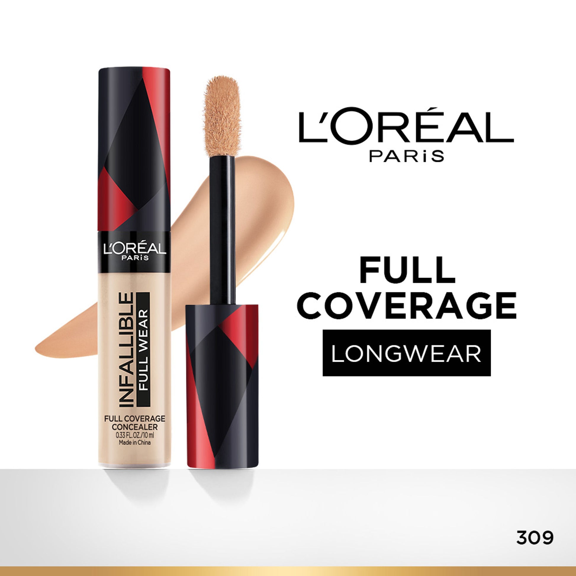 LOreal Paris Infallible Full Wear Concealer, Maximum Coverage, Sweat Proof & Heat Proof - Amber 312 - 309
