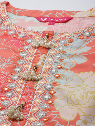 Indyancart VA Women's Coral Floral Printed Empire Mirror Work Kurta with Sharara & With Dupatta