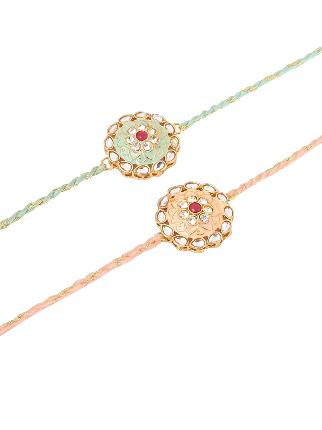 Anouk Men Set Of 2 Peach & Green Kundan Studded Round Floral Design Rakhi With Roli Chawal