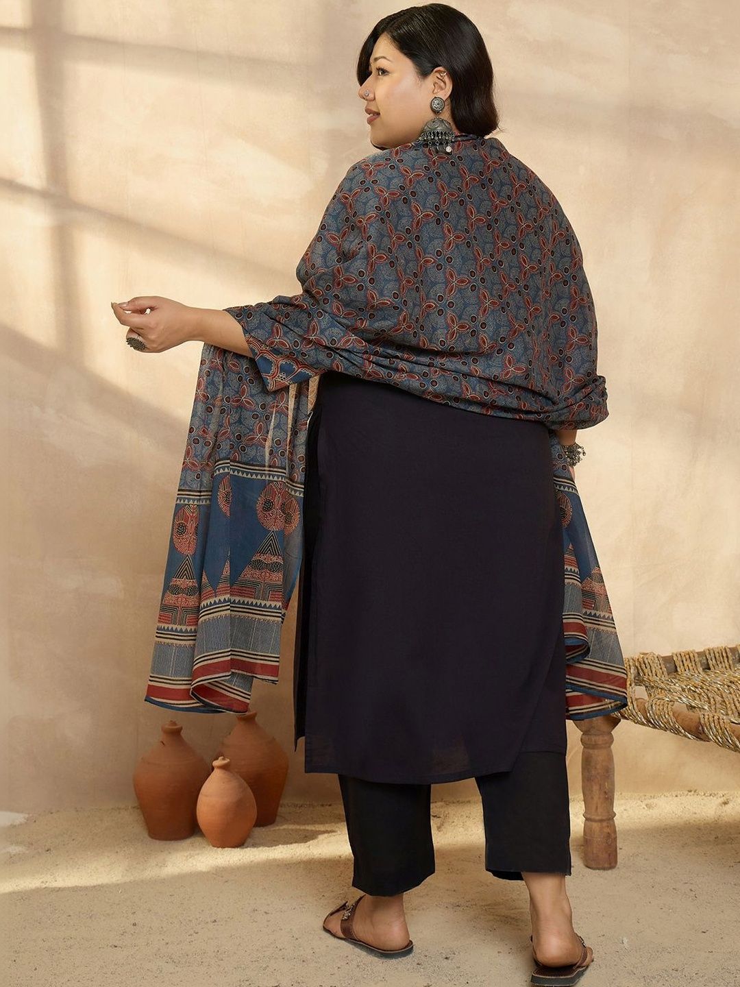 Indyancart Women's Ethnic Motifs Printed Regular Pure Cotton Kurta with Trousers & With Dupatta