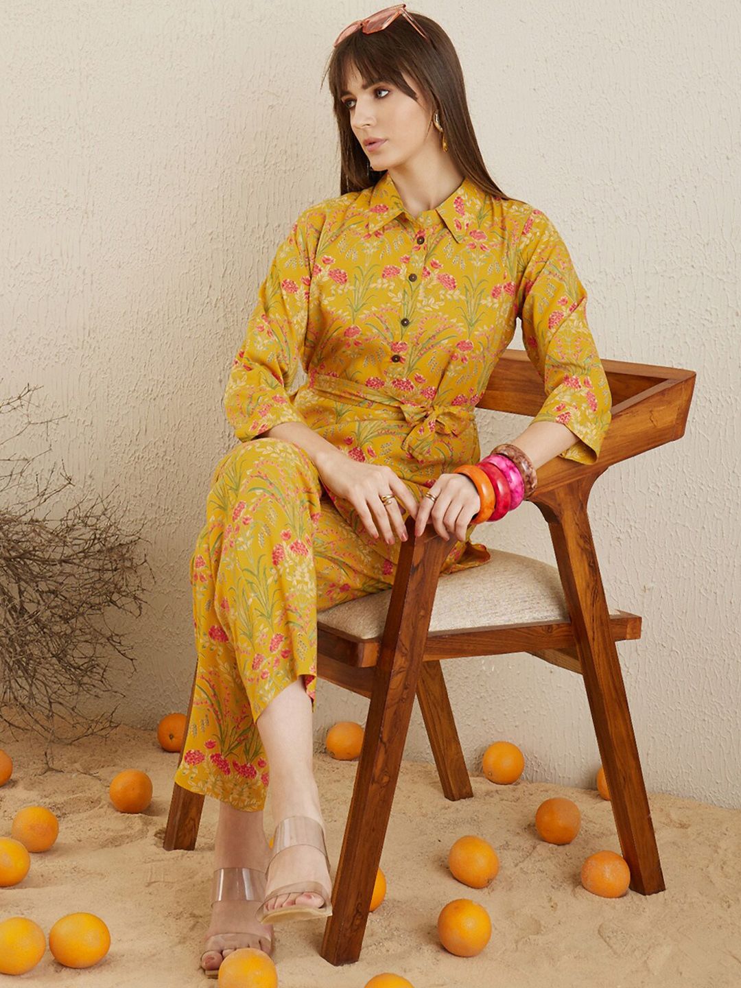 Indyancart IE Floral Printed Shirt Collar Tunic With Trousers