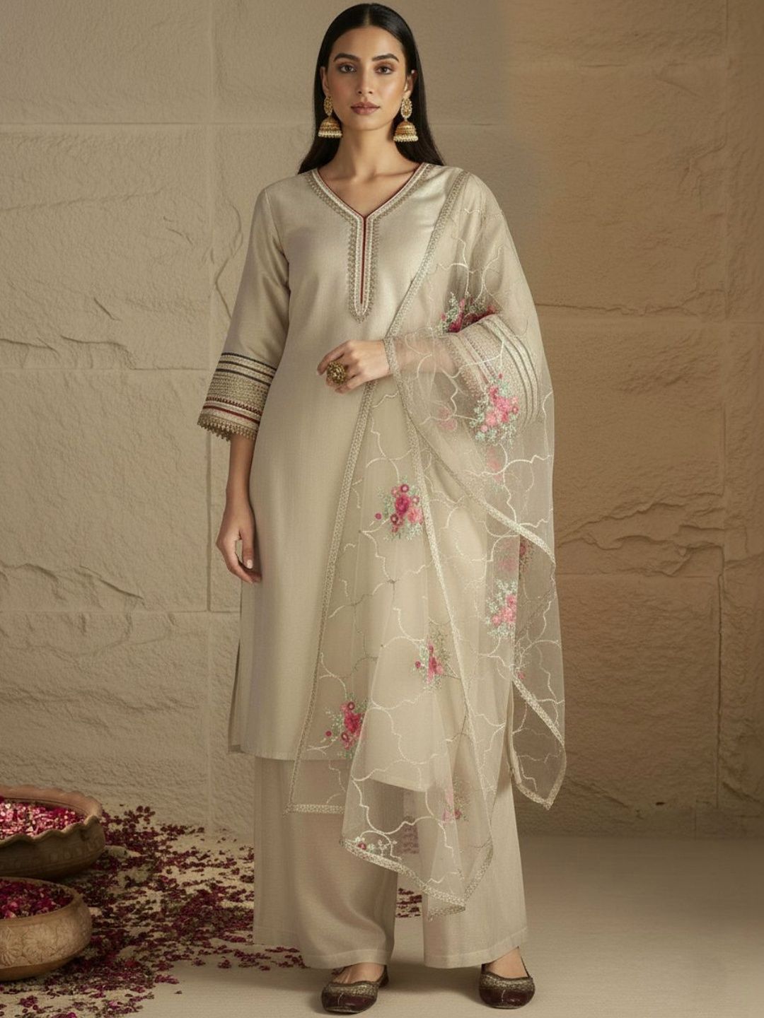Indyancart VA Women Floral Regular Thread Work Kurta with Palazzos & With Dupatta