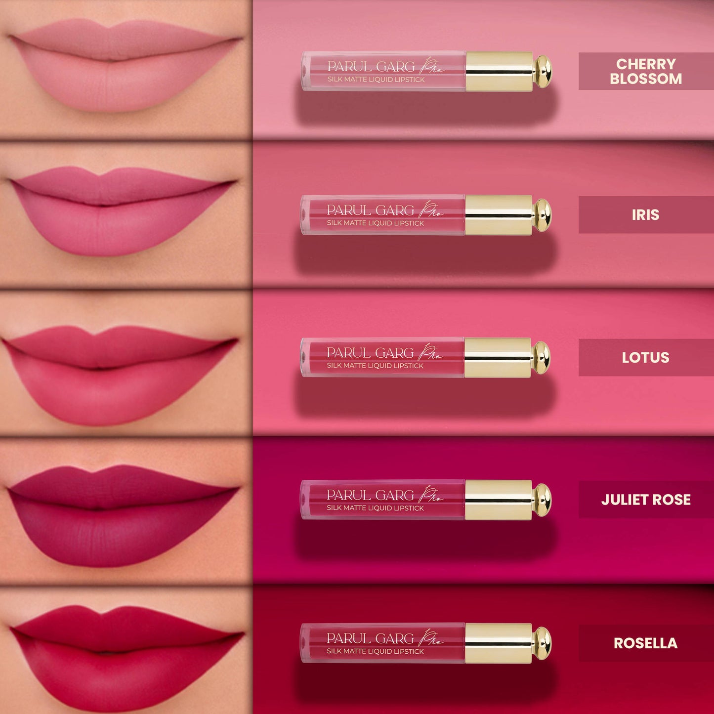 Parul Garg Beauty 5 Silk Matte Liquid Lipstick Long-Lasting, Smudge-Proof - Must Have Pinks
