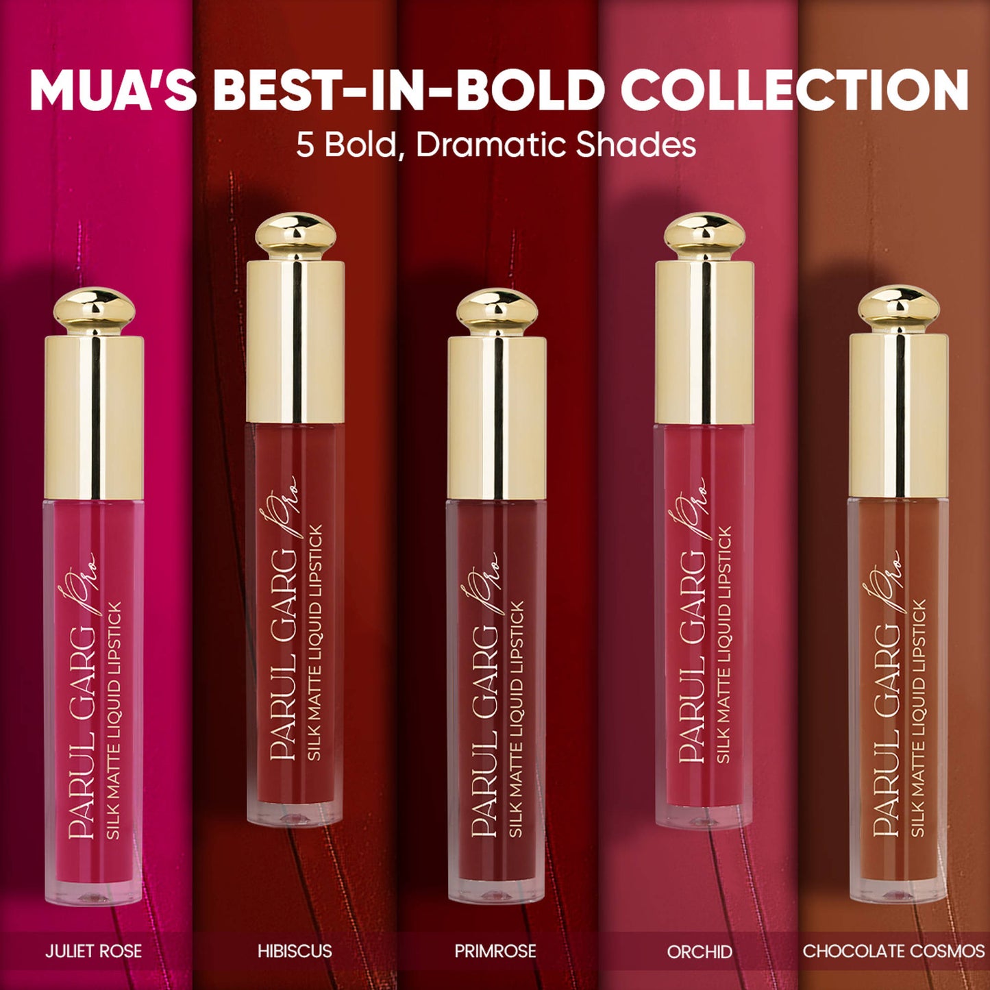 Parul Garg Beauty 5 Silk Matte Liquid Lipstick Long-Lasting, Smudge-Proof - Best In Bold Collection