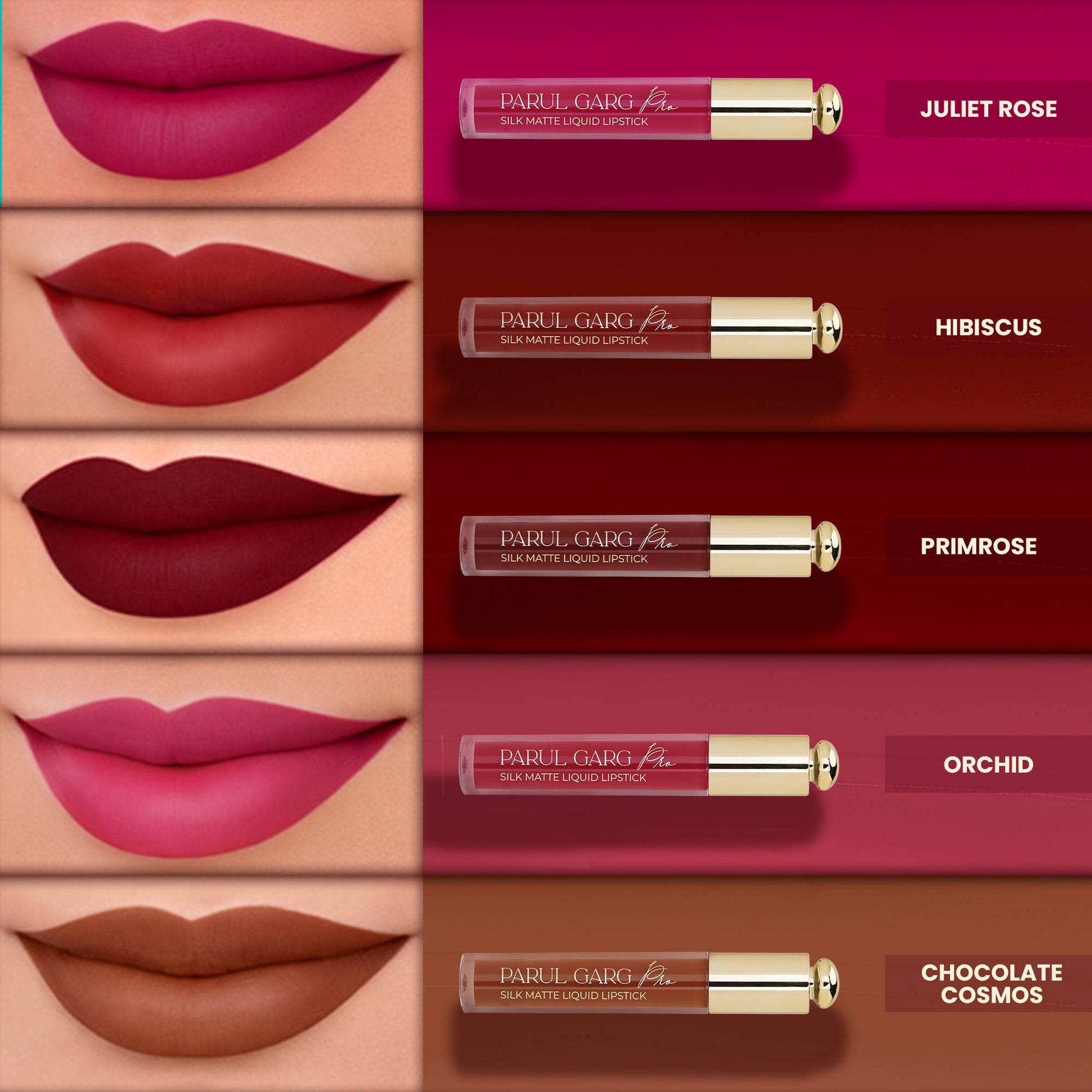 Parul Garg Beauty 5 Silk Matte Liquid Lipstick Long-Lasting, Smudge-Proof - Best In Bold Collection