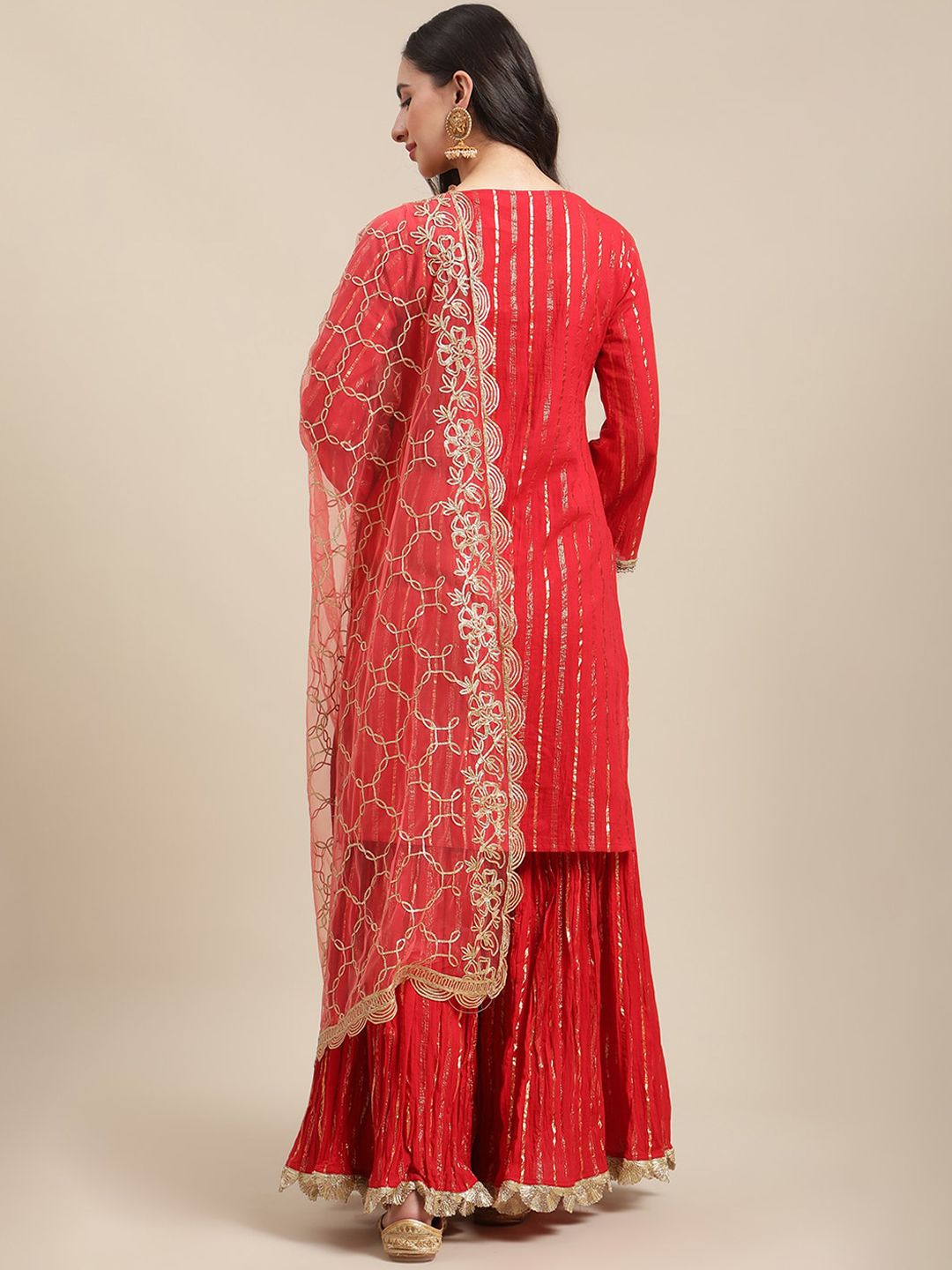 Indyancart VA Women's Red Embroidered Gotta Patti Kurta with Sharara & With Dupatta
