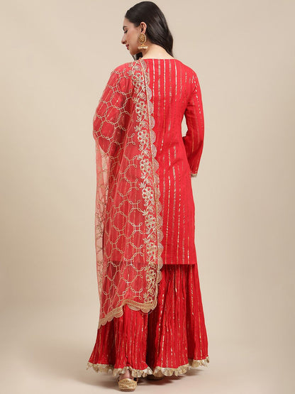 Indyancart VA Women's Red Embroidered Gotta Patti Kurta with Sharara & With Dupatta