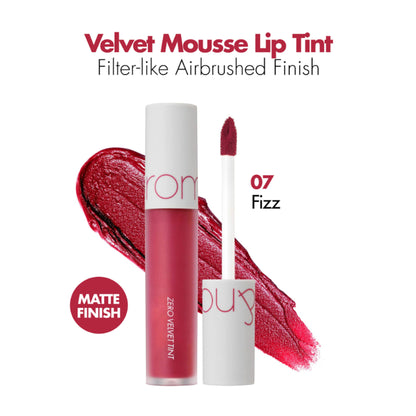 Rom&nd Zero Velvet Tint in shade 07 Fizz, featuring a close-up of the soft velvet-textured lip tint container.