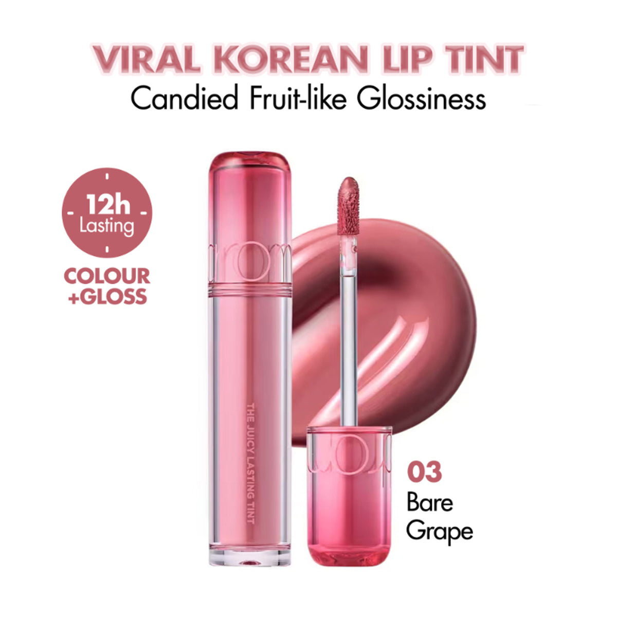 Rom&nd The Juicy Lasting Tint in shade 03 Bare Grape, featuring a close-up of the lip tint tube with vibrant purple color