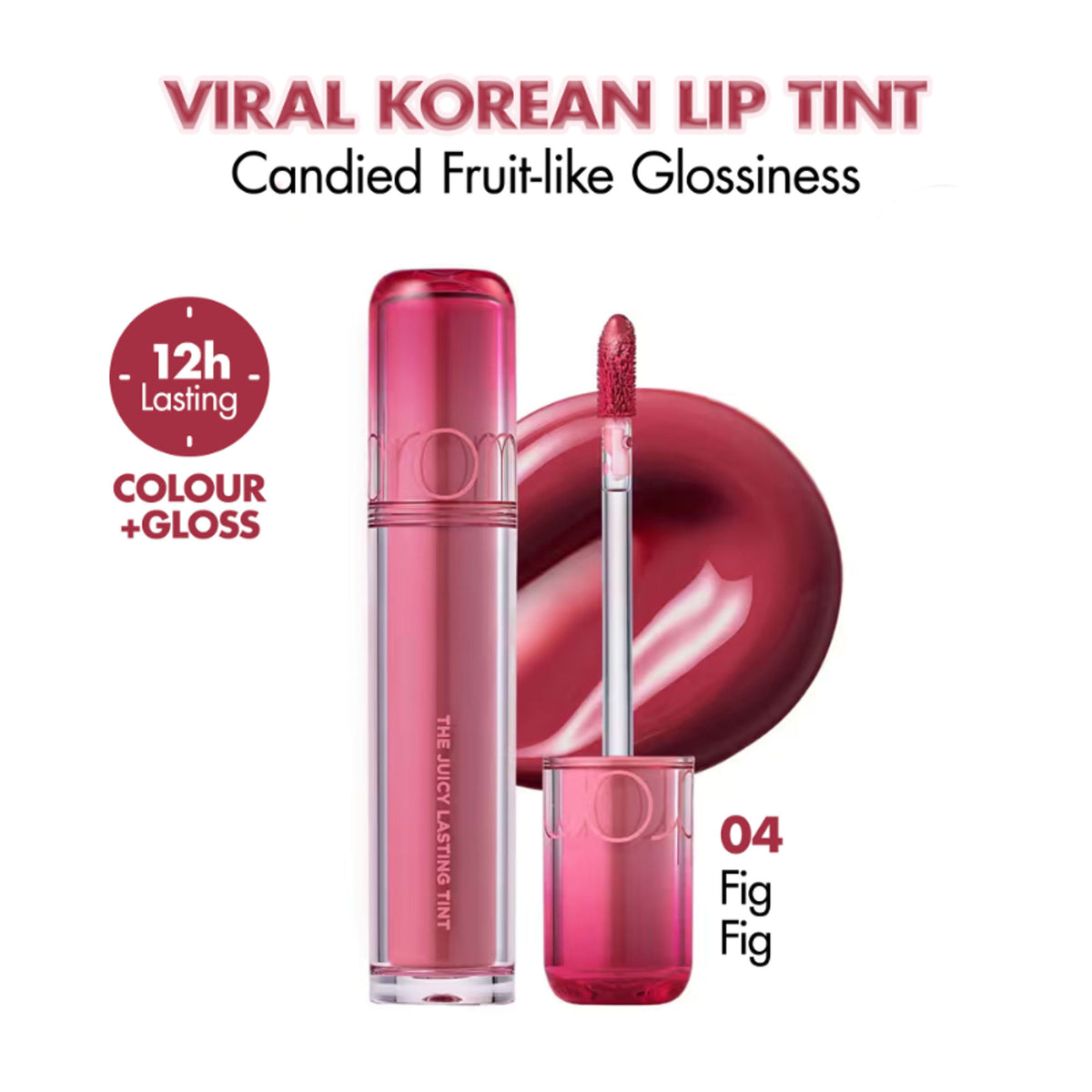 Rom&nd The Juicy Lasting Tint in shade 04 Fig Fig, showing a close-up of the vibrant lip tint tube with a glossy finish.