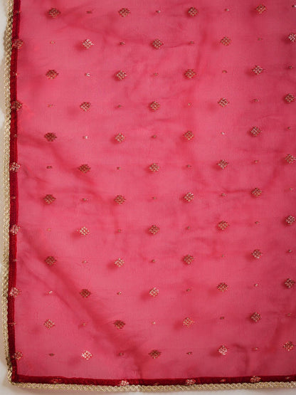 Indyancart IE Notched Neck Ethnic Motifs Embroidered Liva Kurta with Trouser & Dupatta