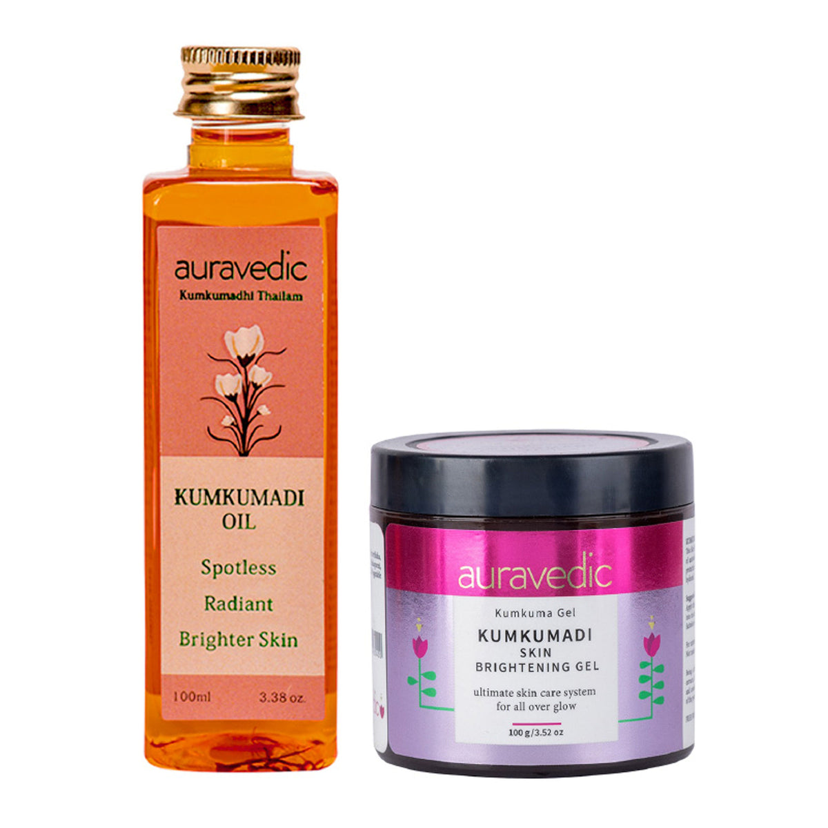 AuraVedic Kumkumadi Face Oil and Gel with Kumkumadi Oil, featuring a dropper bottle and textured gel in a natural setting.