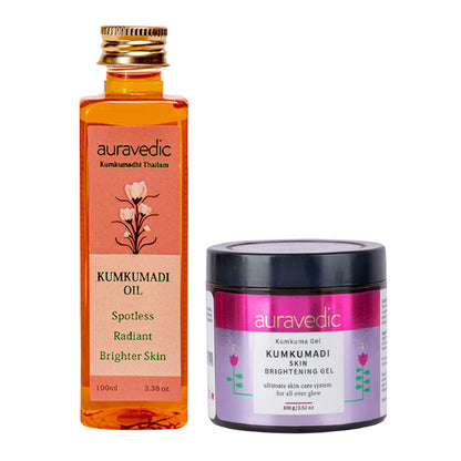 AuraVedic Kumkumadi Face Oil and Gel with Kumkumadi Oil, featuring a dropper bottle and textured gel in a natural setting.