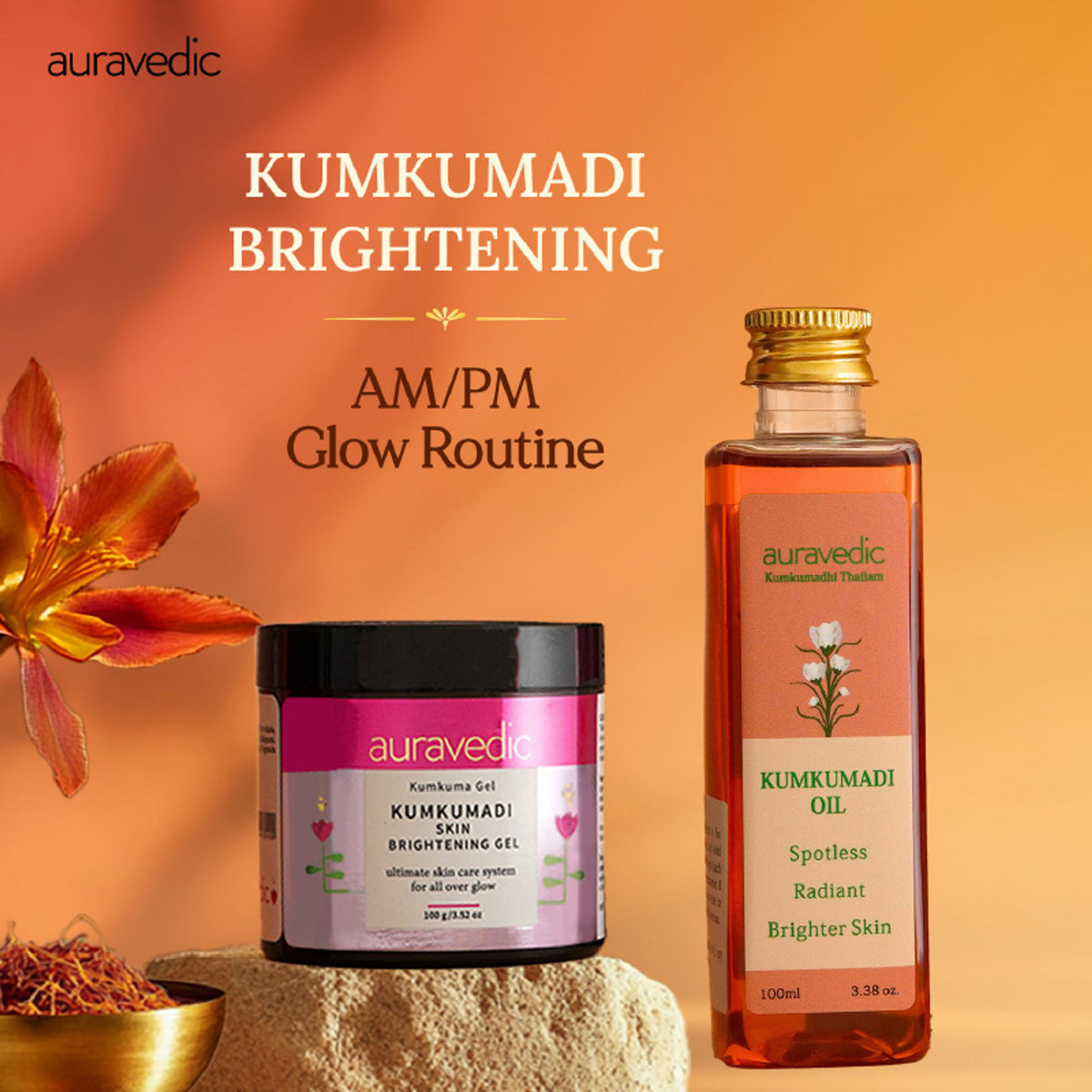 AuraVedic Kumkumadi Face Oil and Gel with Kumkumadi Oil, featuring a golden dropper bottle and natural ingredients.