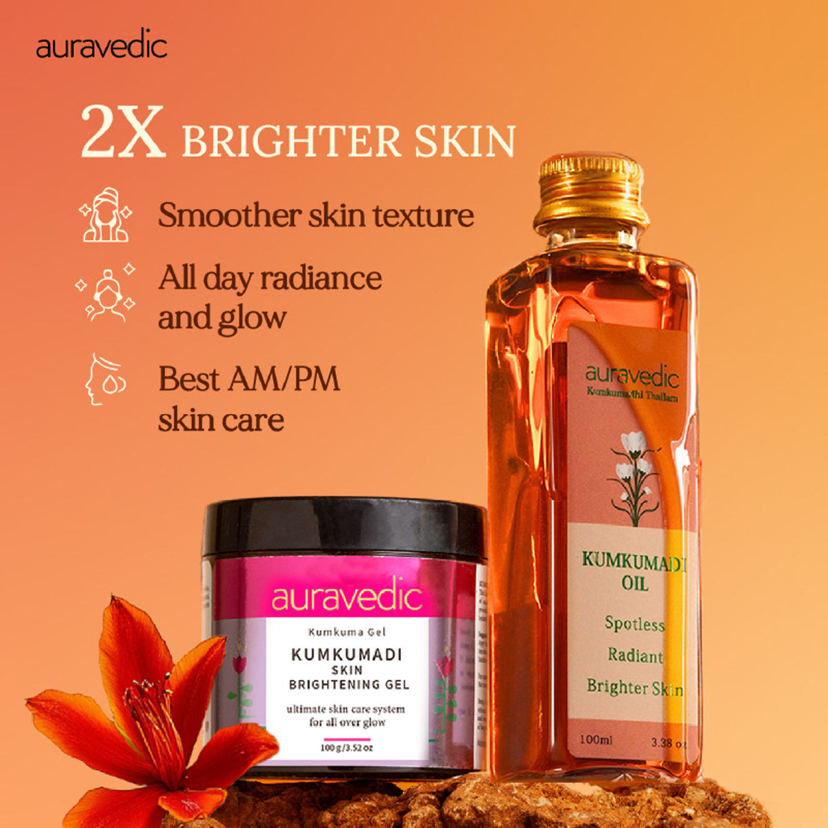AuraVedic Kumkumadi face oil and gel with Kumkumadi oil, featuring a dropper bottle and a small jar of facial products.