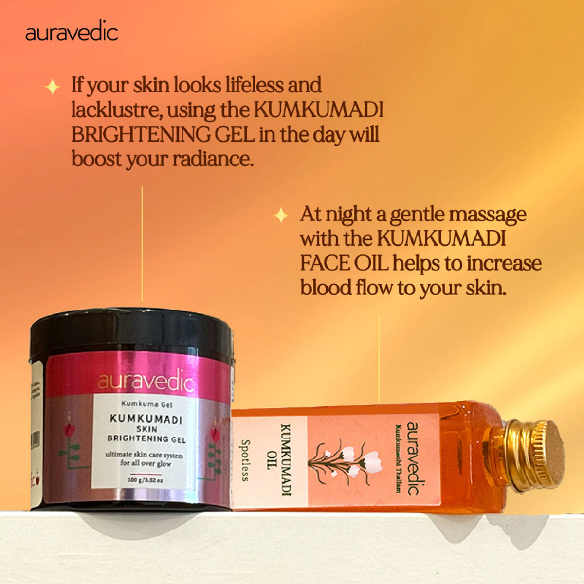AuraVedic Kumkumadi Face Oil and Gel with Kumkumadi Oil, natural skincare products for radiant skin.