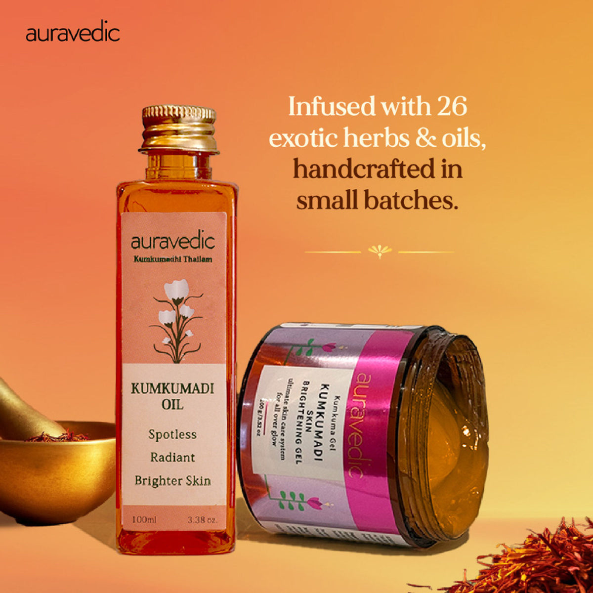 AuraVedic Kumkumadi Face Oil and Gel with Kumkumadi Oil, natural skincare products for radiant skin.