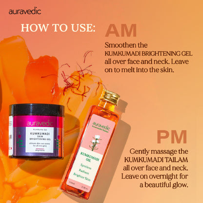 AuraVedic Kumkumadi face oil and gel with Kumkumadi oil, featuring a glass bottle with dropper and a small jar of gel.