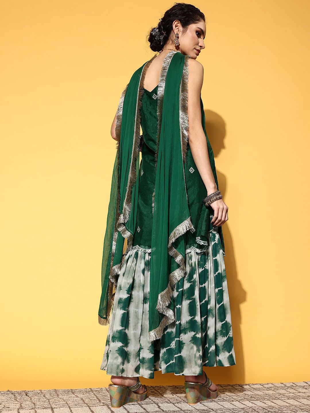 Indyancart VA Women Green Embroidered Sequinned Kurta with Sharara & Dupatta