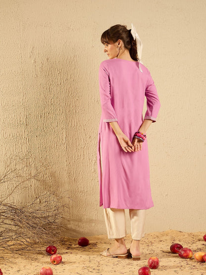 Indyancart IE Floral Embroidered Round Neck Machine Weave Straight Kurta