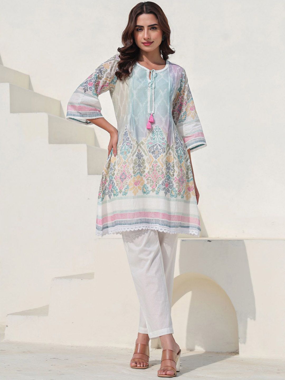 Dhiyona IE Floral Printed Pure Cotton Tunic With Trousers Co-Ords