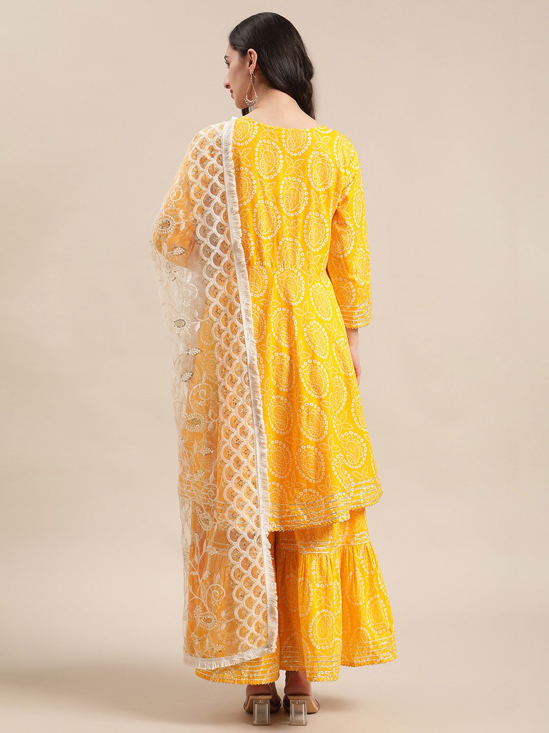 Indyancart VA Women's Mustard And White Bandhej Printed Flared Kurti With Sharara With Dupatta.
