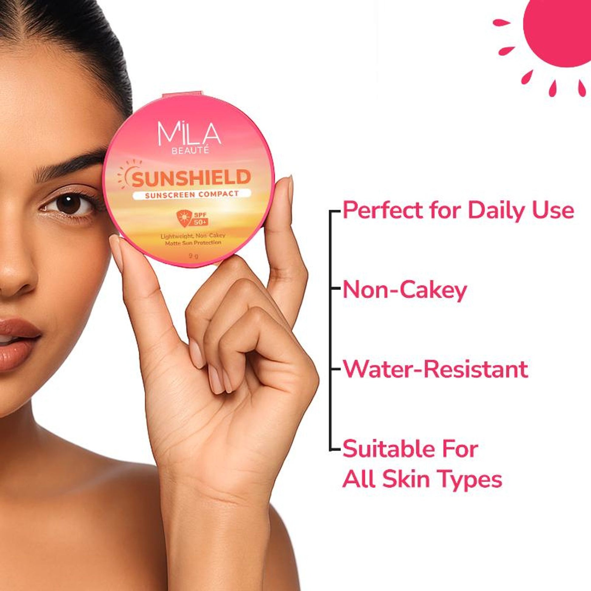 Mila Beauté Sun Shield Sunscreen Matt SPF 50 PA+++ UV Protection Compact - 03 Beige
