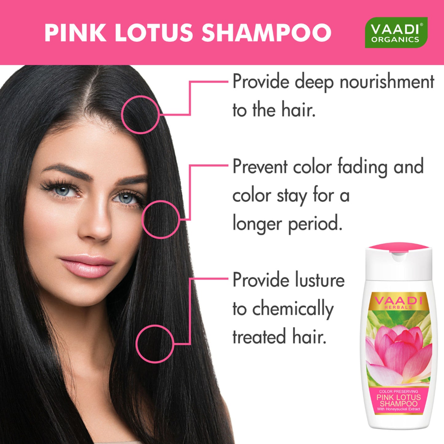 Vaadi Herbals Pink Lotus Shampoo With Honeysuckel Extract Color Preserving - Pack of 3