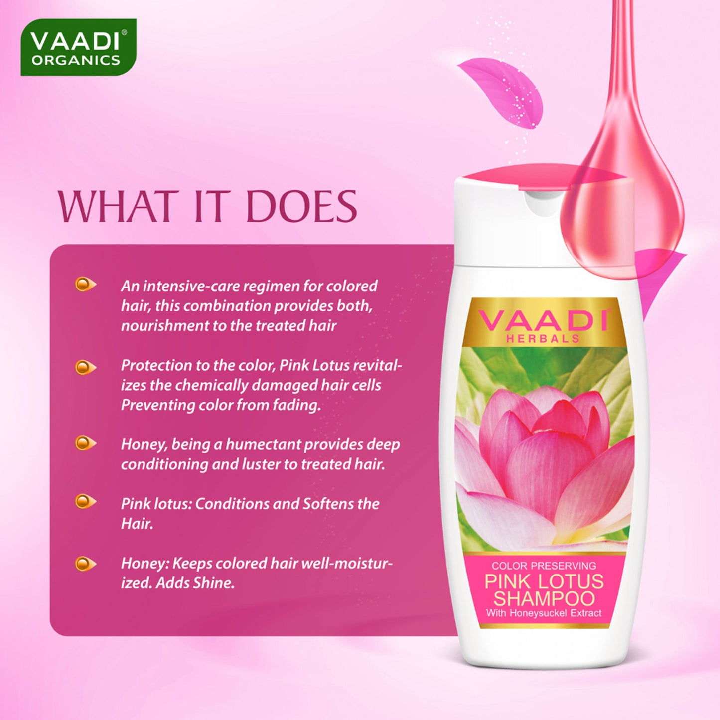 Vaadi Herbals Pink Lotus Shampoo With Honeysuckel Extract Color Preserving - Pack of 3