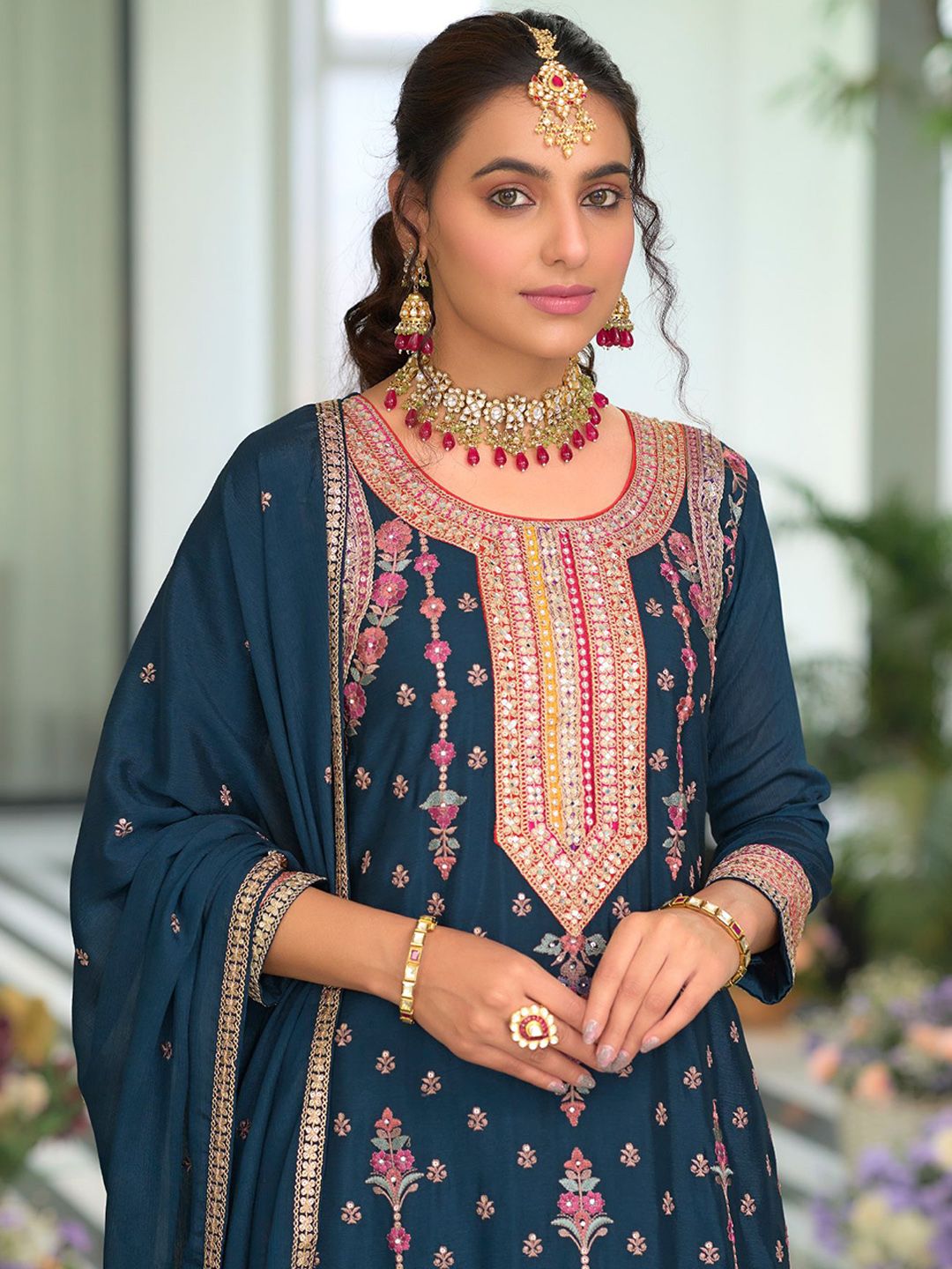 Indyancart IE Women Ethnic Motifs Embroidered Regular Mirror Work Kurta with Palazzos & With Dupatta