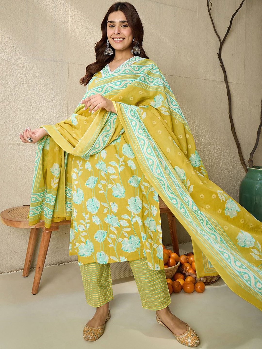 Floral Printed V-Neck Pure Cotton Straight Kurta With Trousers And Dupatta