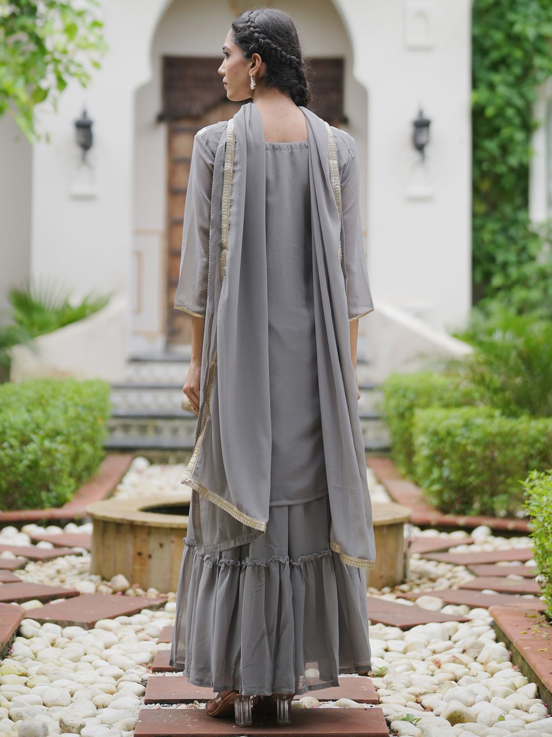Indyancart IE Floral Embroidered Kurta With Sharara & Dupatta