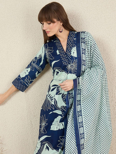 Indyancart IE Women Floral Printed Cotton Kurta with Trousers & Dupatta