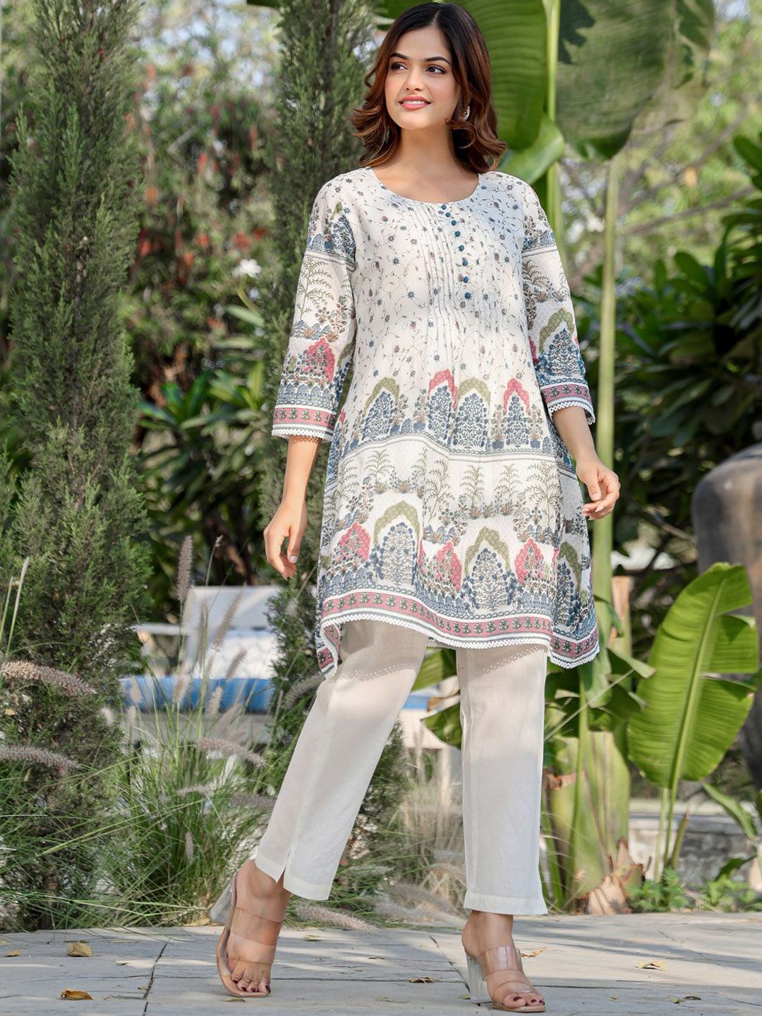 Dhiyona IE Floral Printed Pure Cotton Tunic With Trousers Co-Ords