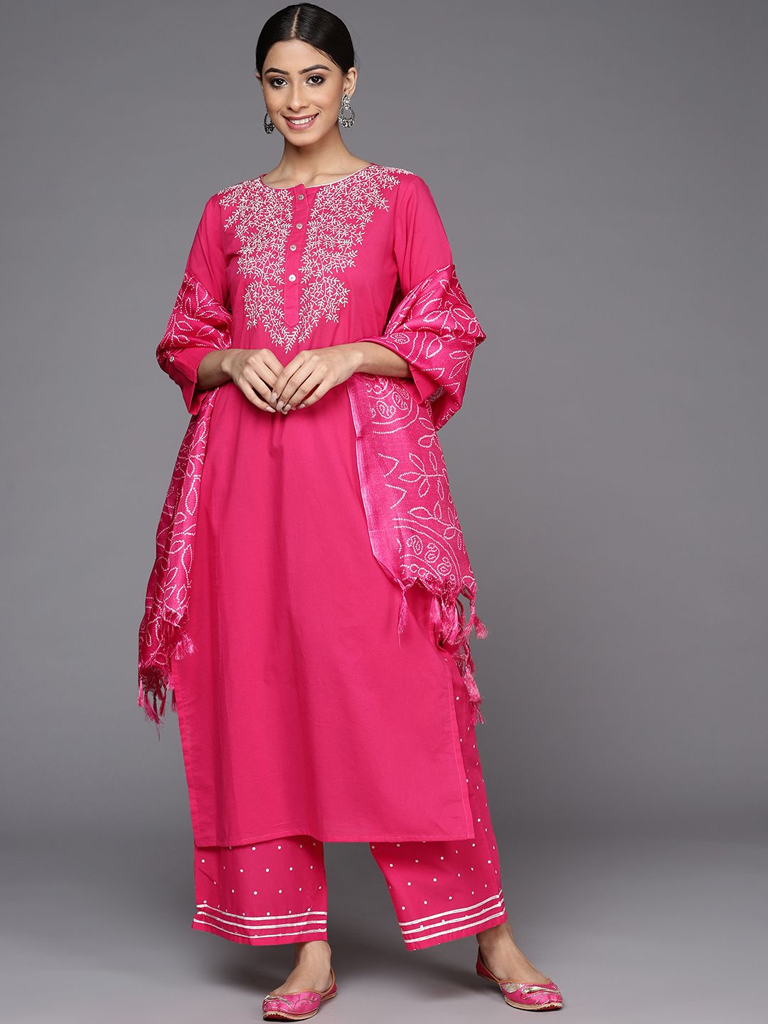 Indyancart VA Women's Fuchsia Pink Ethnic Motifs Pure Cotton Kurta with Palazzos & With Dupatta