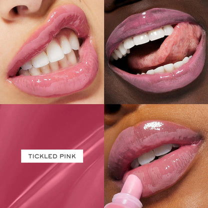 Lancome Juicy Tubes lip gloss in shade Tickled Pink with ultra shiny, moisturizing finish on smooth lips.