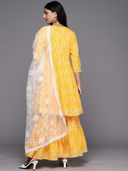 Indyancart VA Women'sBandhani Printed Gotta Patti Pure Cotton Kurta With Sharara & With Dupatta