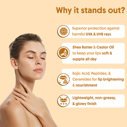 Aravi Organic Glowy Lip Balm SPF 50 PA++++, Dry & Dark Pigmented Lips, Kojic Acid & Ceramide