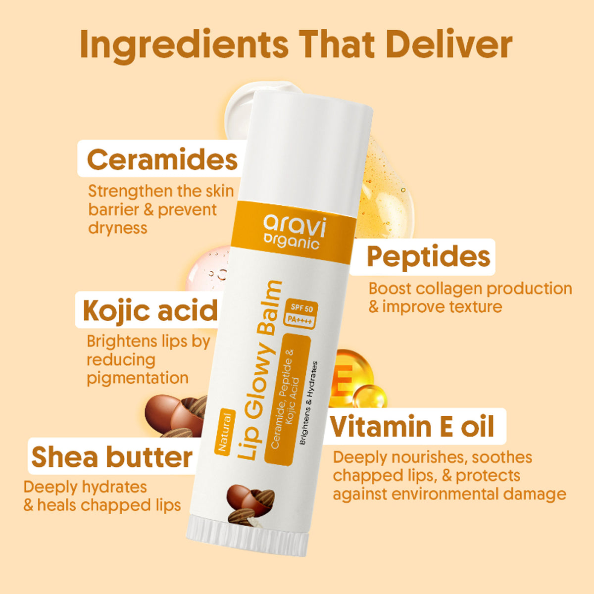 Aravi Organic Glowy Lip Balm SPF 50 PA++++, Dry & Dark Pigmented Lips, Kojic Acid & Ceramide
