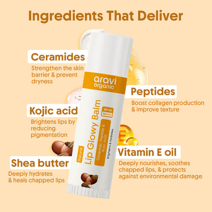 Aravi Organic Glowy Lip Balm SPF 50 PA++++, Dry & Dark Pigmented Lips, Kojic Acid & Ceramide