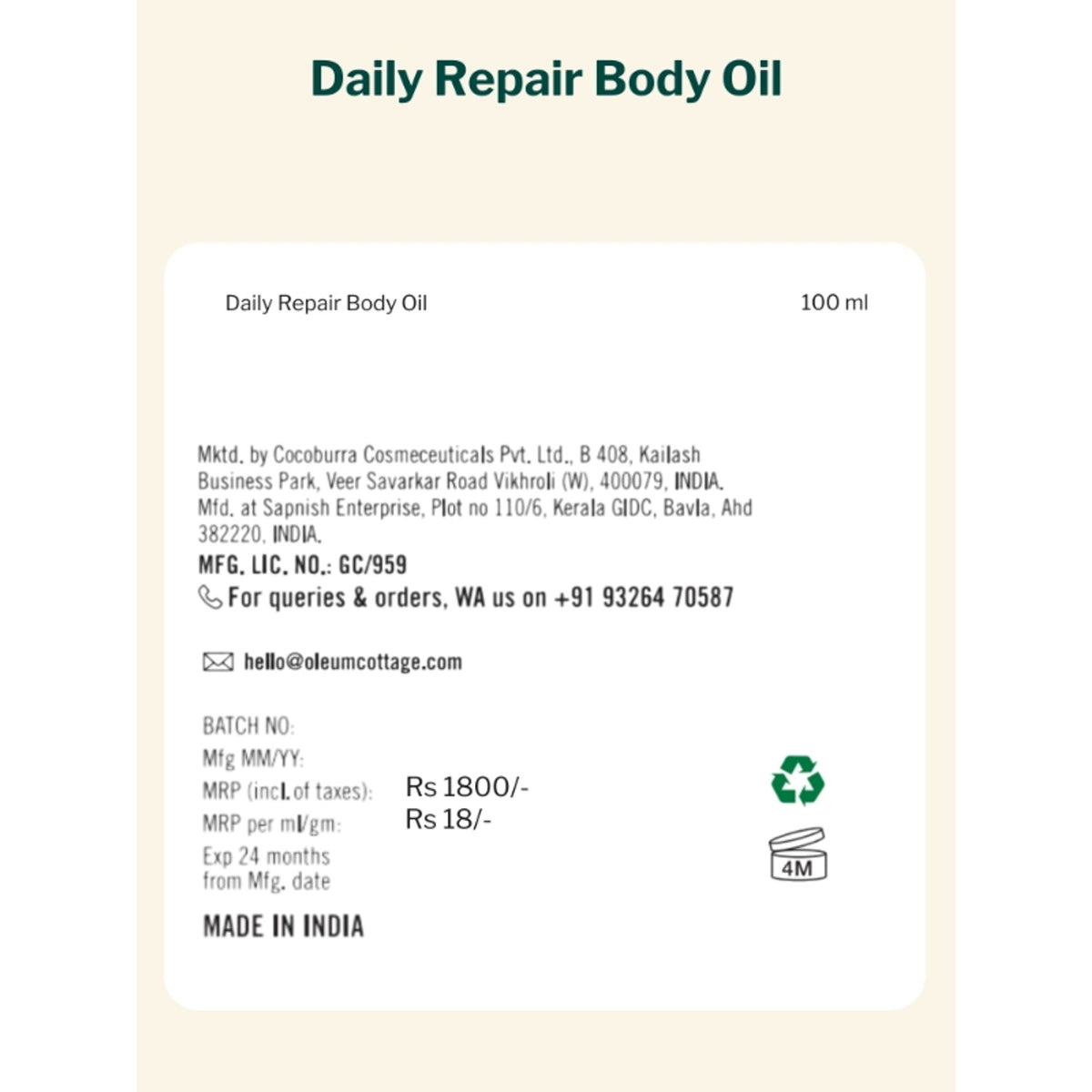 Oleum Cottage Skin Softening Body Oil for Dry, Eczema and Psoriasis Prone Skin, Scars and Marks